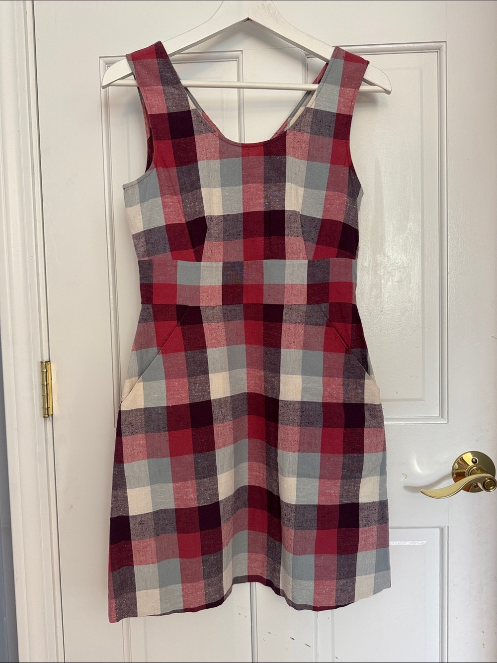 Theory Red and Gray Plaid Sleeveless Mini Dress